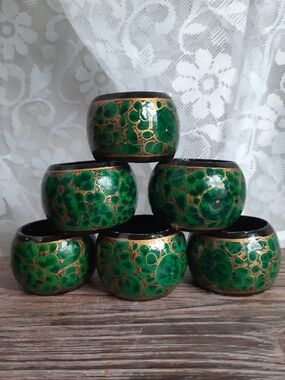 Handpainted Green & Gold Floral Napkin Ring Set - 6 Pieces